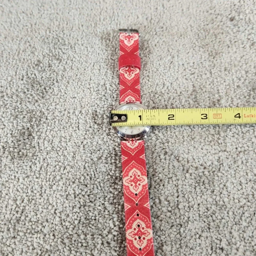 Vera Bradley Watch Red White Patterned Strap Silver Tone Bezel Womens